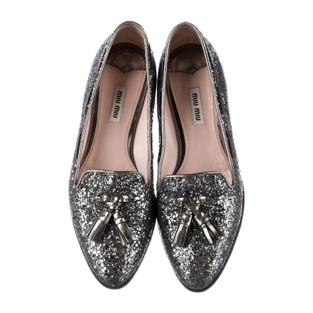 Miu Miu Women's US 7/EUR 38 Silver Ardesia Glitter Tassel Smoking Flat Loafers